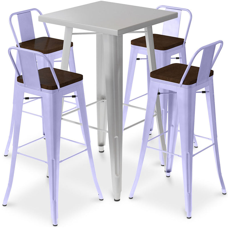 Silbernes Tischset und 4 Barhocker mit Rückenlehne - Industrielles Design - Bistrot Stylix