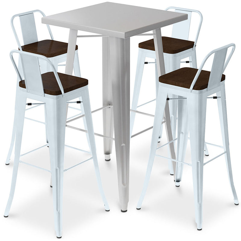 Silbernes Tischset und 4 Barhocker mit Rückenlehne - Industrielles Design - Bistrot Stylix