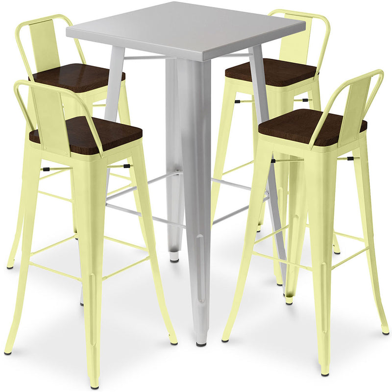 Silbernes Tischset und 4 Barhocker mit Rückenlehne - Industrielles Design - Bistrot Stylix