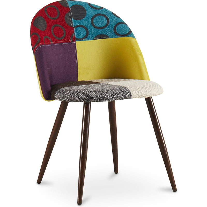Cadeira de jantar estofada em patchwork, design escandinavo retro, pernas de madeira escura - Evelyne Ray