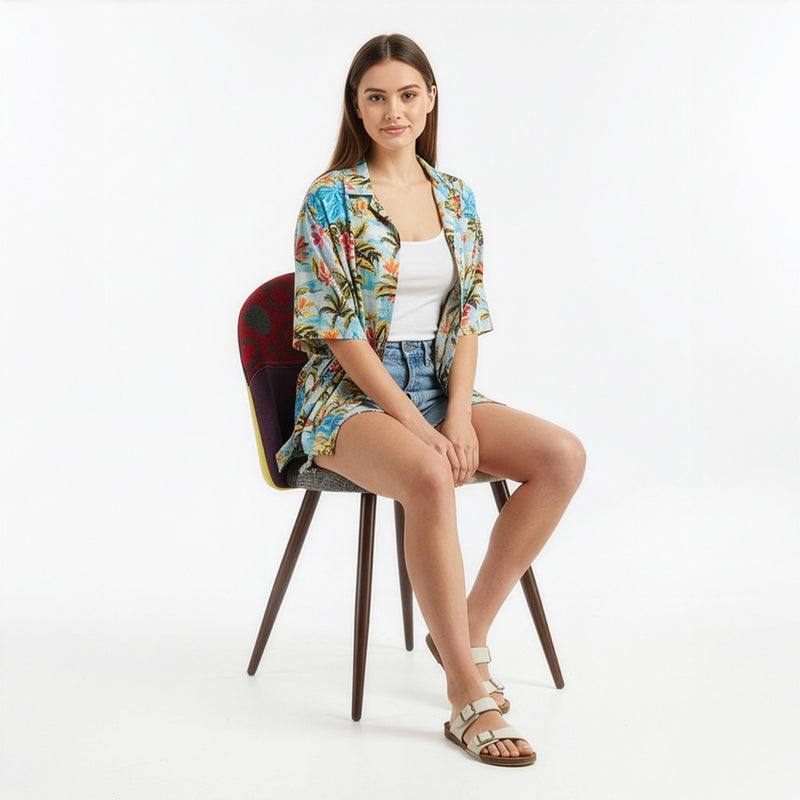 Cadeira de jantar estofada em patchwork, design escandinavo retro, pernas de madeira escura - Evelyne Ray
