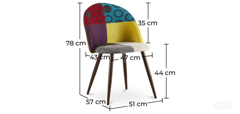 Cadeira de jantar estofada em patchwork, design escandinavo retro, pernas de madeira escura - Evelyne Ray