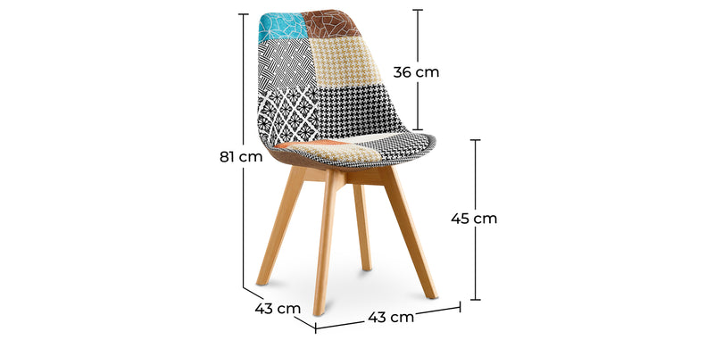 Cadeira de sala de jantar Denisse, design escandinavo estofado, pernas de madeira, premium, nova edição - patchwork Patty