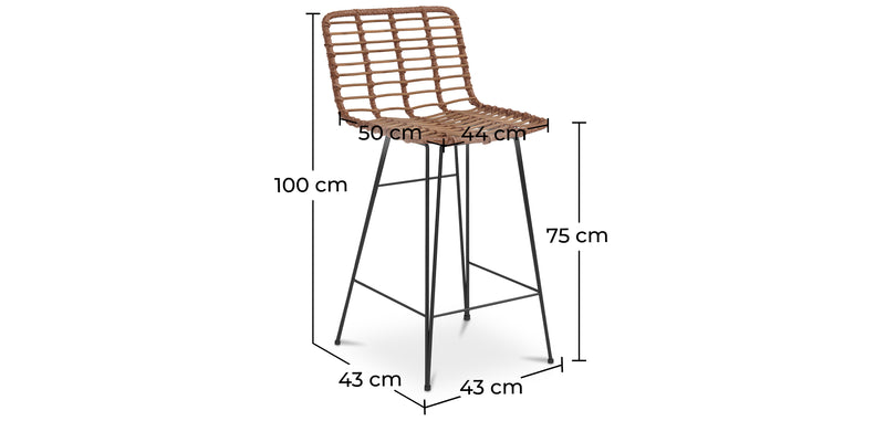 Tabouret de bar en rotin avec dossier - Boho Bali Design - 75cm - Catori