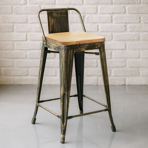 Bar stool with small backrest Tolix Style industrial design Metal and Light Wood - 60 cm - New Edition