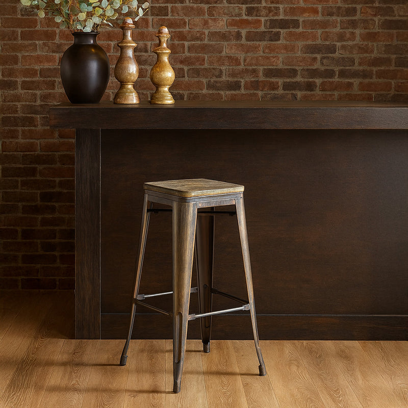 Banco de bar ao estilo Tolix com design industrial em metal e madeira escura - 76 cm - Nova edição