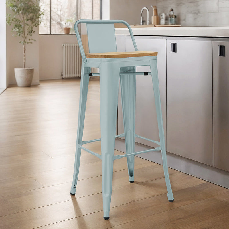 Banco de bar com encosto baixo ao estilo Tolix, com design industrial em metal e madeira clara - 76 cm - Nova edição