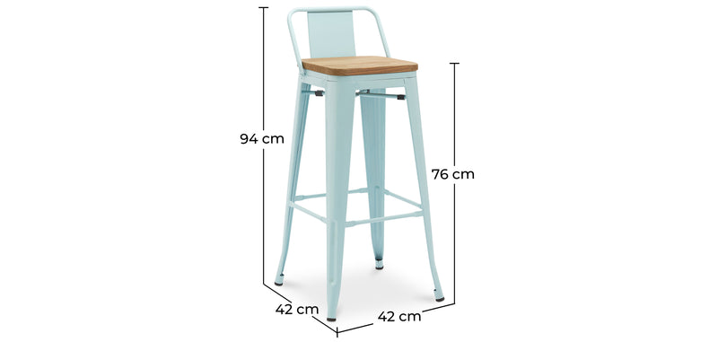 Banco de bar com encosto baixo ao estilo Tolix, com design industrial em metal e madeira clara - 76 cm - Nova edição