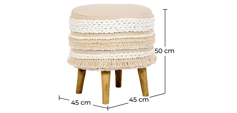Puf taburete estilo boho Bali, madera y algodón - Ivy