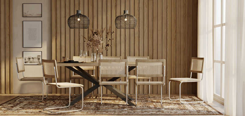 Pack Table à manger design en bois (220cm) & 8 chaises de salle à manger en rotin - Bruna