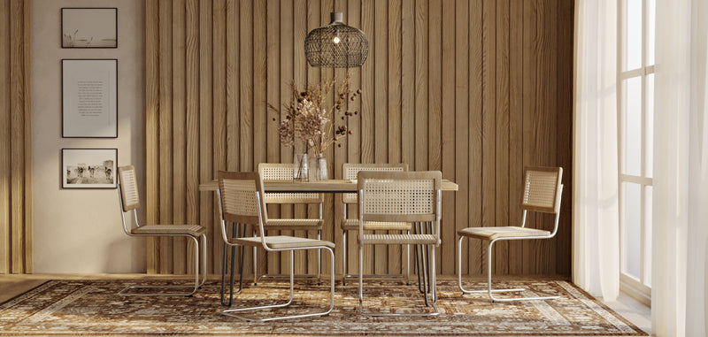 Pack Table à manger design industriel 150cm & 6 Chaises à manger en rotin - Bruna