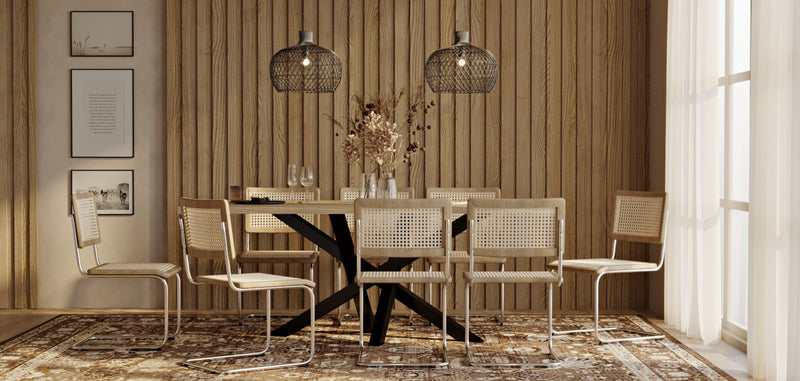 Pack Table à manger design en bois (200cm) & 8 Chaises à manger en rotin - Bruna