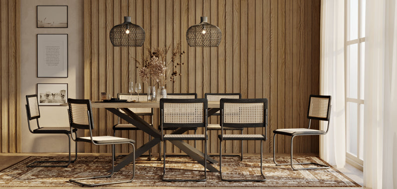 Pack Table à manger design industriel en bois (220cm) & 8 chaises de salle à manger en rotin - Bastral