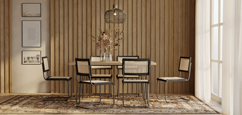 Pack Esstisch im Industriedesign 150cm & 6 Esszimmerstühle aus Rattan - Bastral