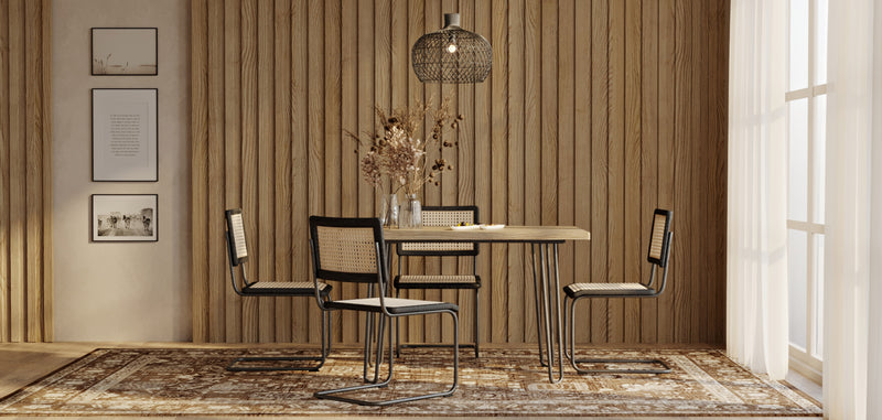 Pack Table à manger design industriel 120cm & 4 Chaises à manger en rotin - Bastral