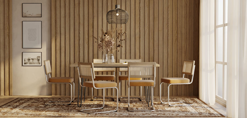 Pack Table à manger design industriel 150cm & 6 Chaises à manger en rotin - Tapisserie en velours - Martha