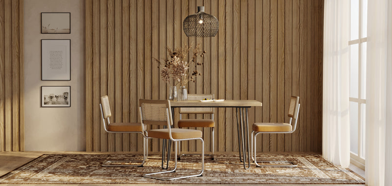 Pack Table à manger design industriel 120cm & 4 chaises à manger en rotin - tapisserie en velours - Martha