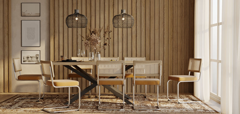 Pack Table à manger design en bois (220cm) & 8 chaises de salle à manger en rotin - tapisserie en velours - Martha