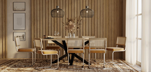 Pack Table à manger design en bois (200cm) & 8 Chaises à manger en rotin - Tapisserie en velours - Martha