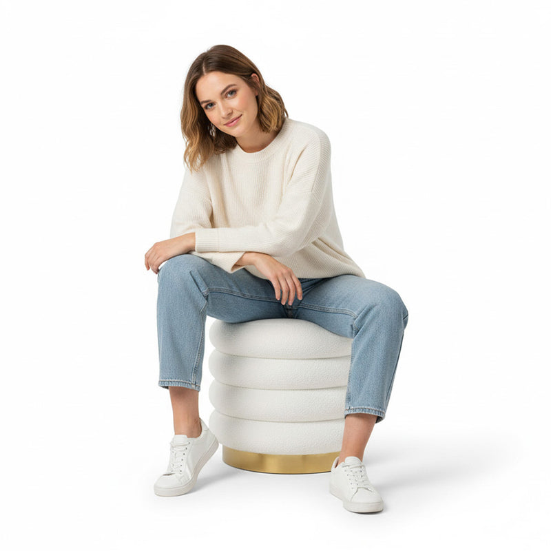 Round Pouf Upholstered in Bouclé Fabric - Marie