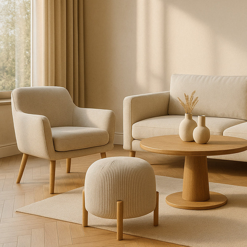 Upholstered Corduroy Pouf with Natural Wood Legs - Nathaly