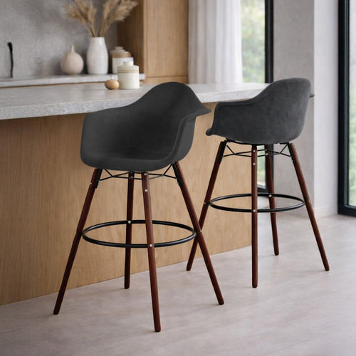 Tabouret de bar en velours - Design scandinave et pieds en bois foncé - Nordika