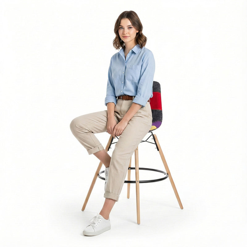 Bar Stool - Patchwork Upholstery - Scandinavian Design and Wooden Legs - Skögur - gallery 3