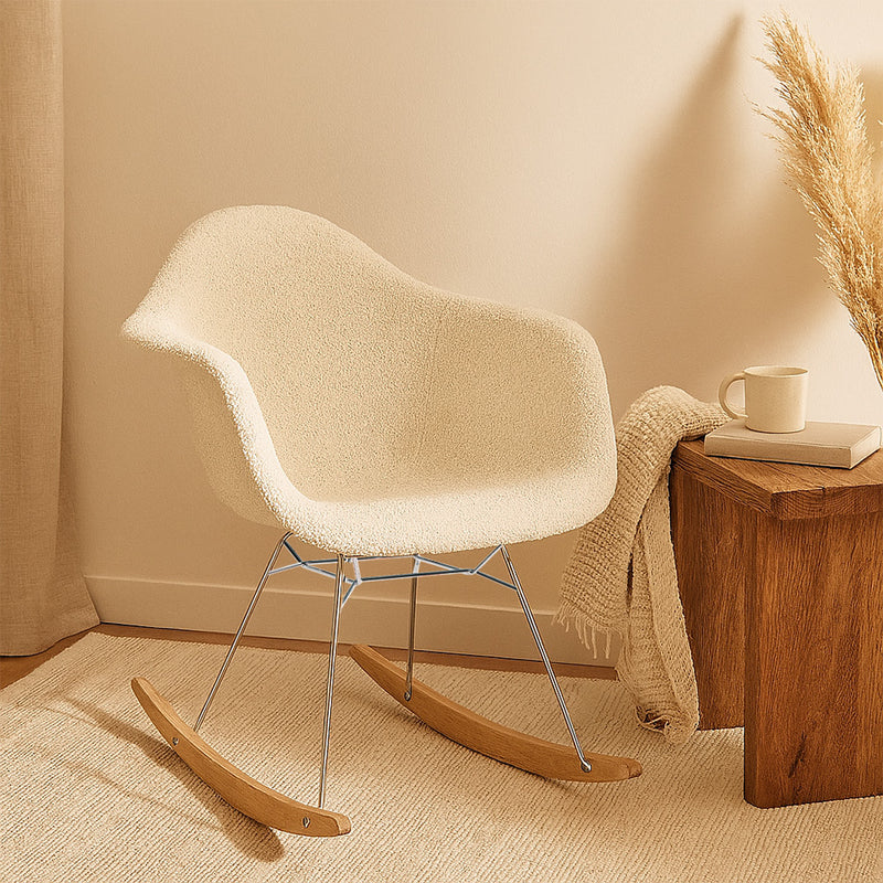 Rocking Chair Bouclé with Arms – Scandinavian Design with Steel and Wood - Nordika