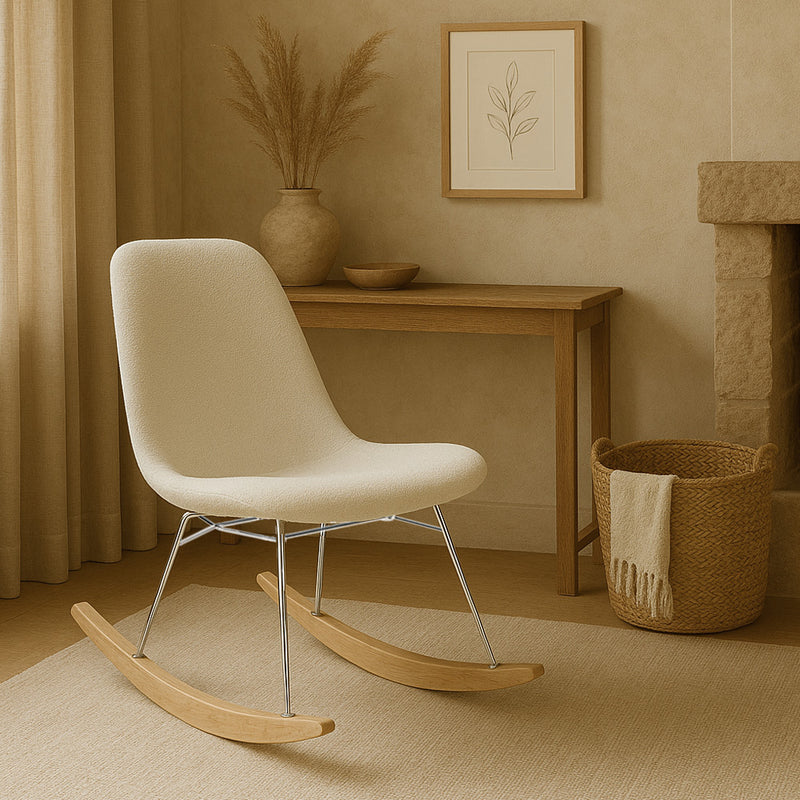 Rocking Chair  Minimalist Bouclé – Nordic Style with Wood and Steel Base - Skögur