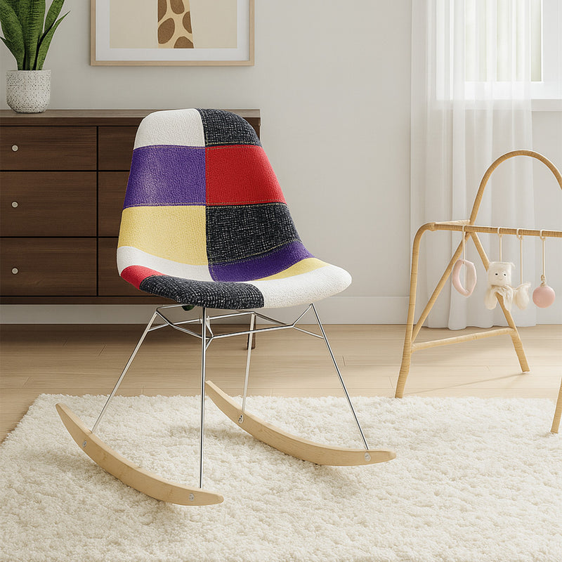 Rocking Chair Modern Patchwork – Nordic Style with Wooden and Steel Legs - Skögur