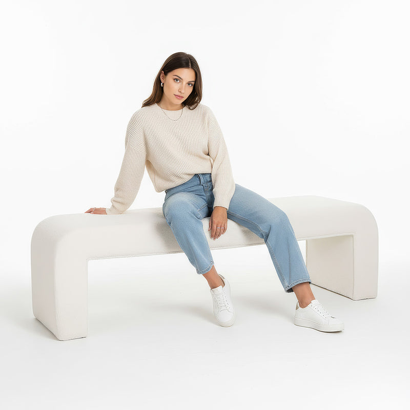 Bench Upholstered In White Bouclé Fabric - Modern Elegant Minimalist - Karla