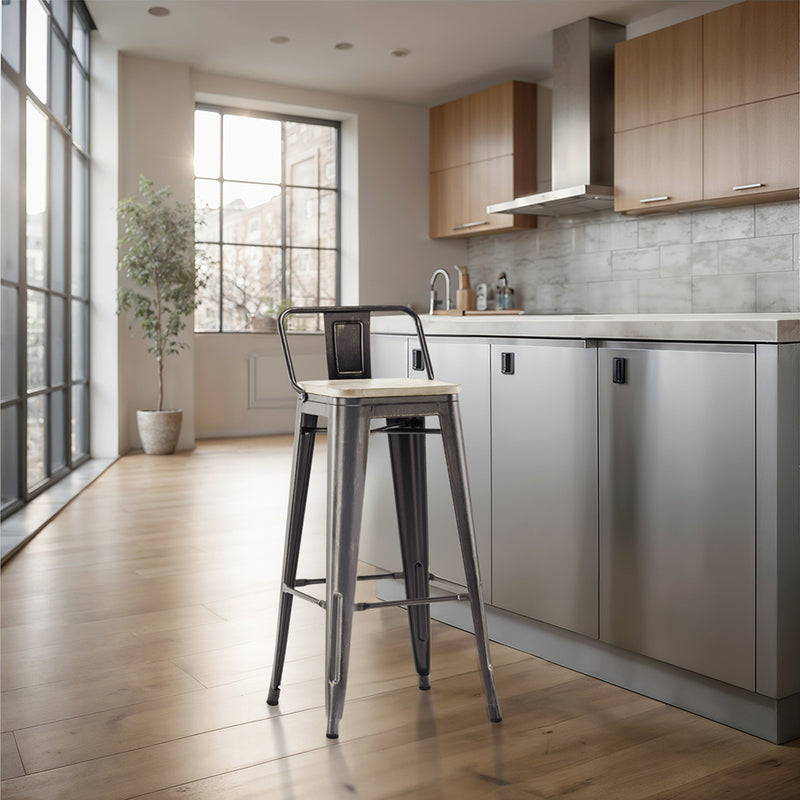 Sgabello da bar Stylix con schienale basso - 76 cm - Metallo e legno chiaro