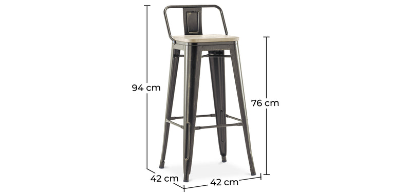 Sgabello da bar Stylix con schienale basso - 76 cm - Metallo e legno chiaro