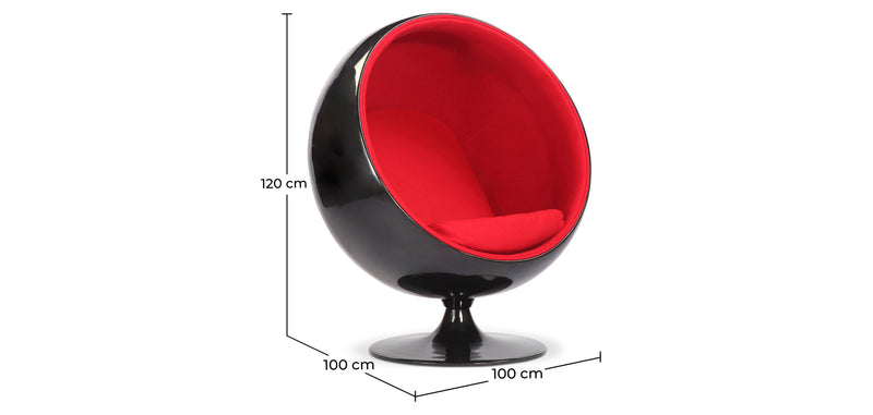 Poltrona Ball, guscio nero e rivestimento interno rosso in tessuto