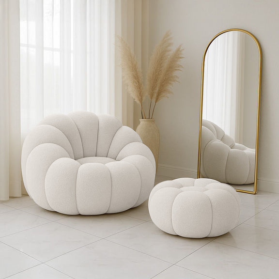 Upholstered Armchair with Ottoman - White Boucle - Rubi - gallery 2