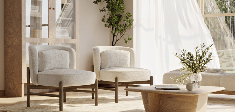 Fauteuil en bois et en Bouclette Fausse Fourrure Tapissée - Boucles Blanches - Brina