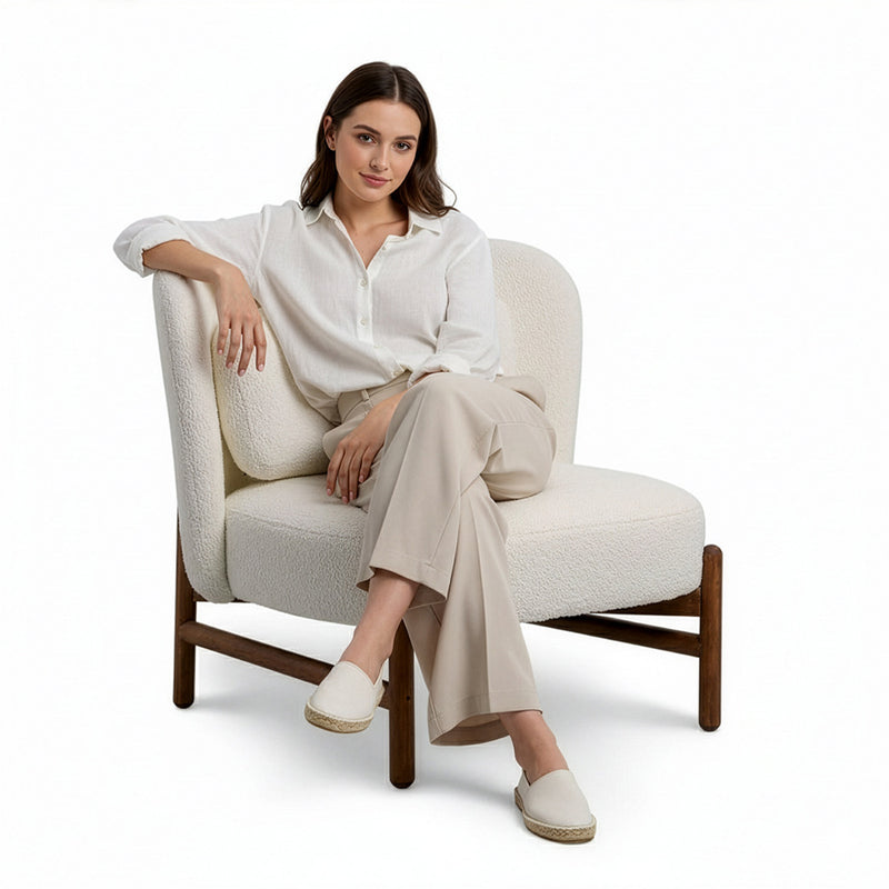 Bouclé Fabric and Wood Armchair - Brina