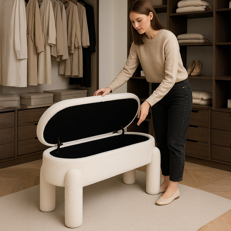 Bench With Storage Upholstered In Off-White Bouclé Fabric – Modern Seat For Living Room And Bedroom - Boreta