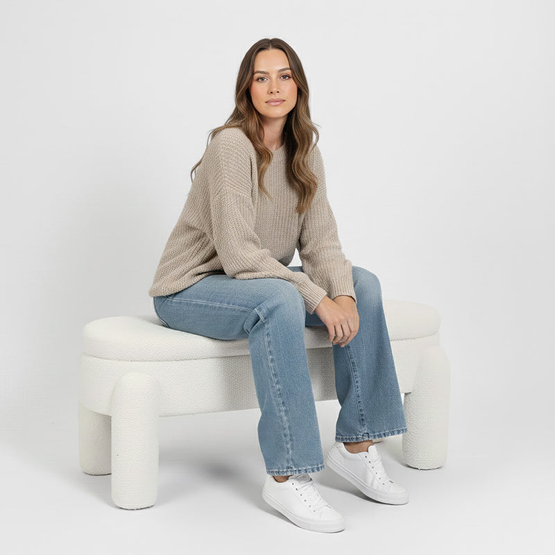 Bench With Storage Upholstered In Off-White Bouclé Fabric – Modern Seat For Living Room And Bedroom - Boreta