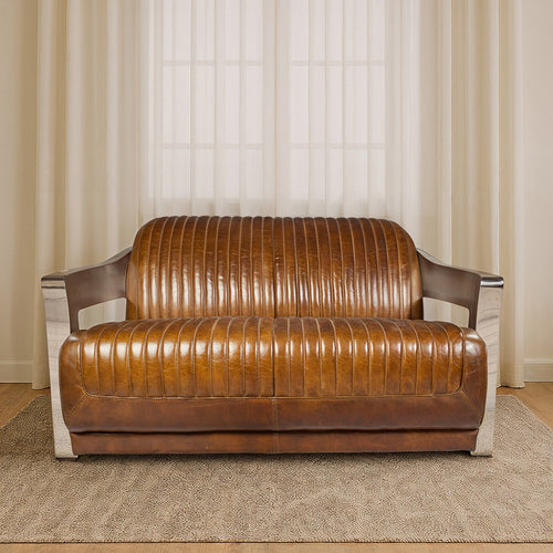 Sofá de design Churchill Lounge de 2 lugares em couro e aço inoxidável