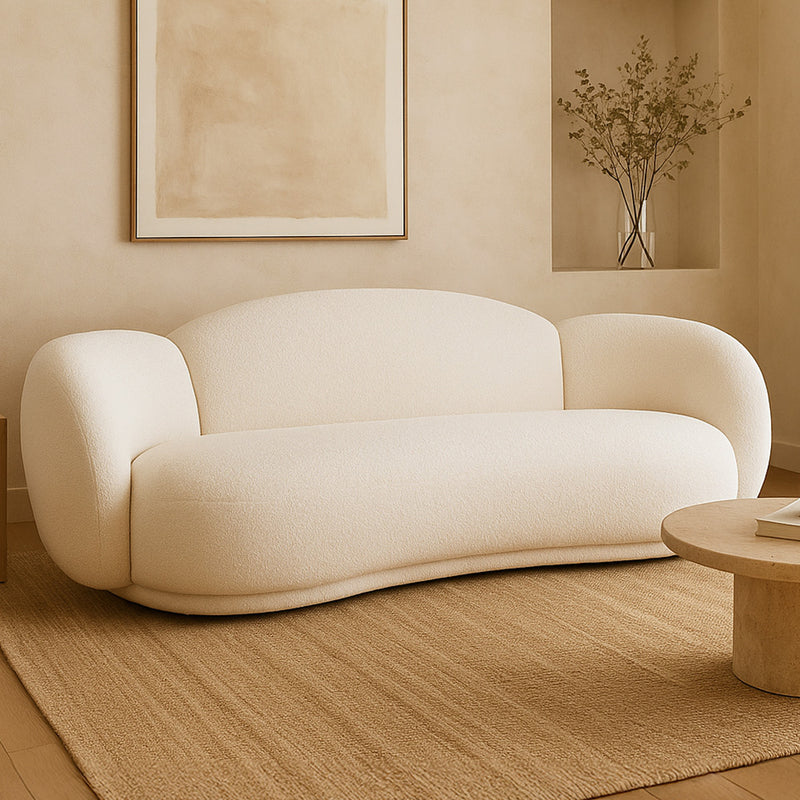Curved Sofa Upholstered In White Bouclé – Modern And Elegant Design - Sorela
