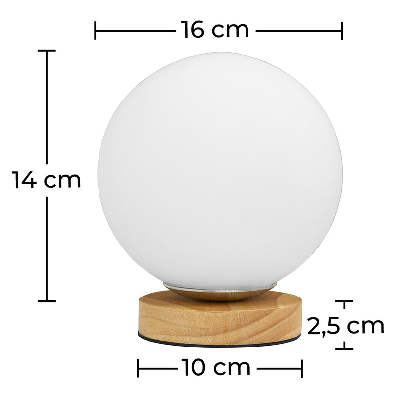 Lámpara de Mesa Minimalista con Esfera Blanca y Base de Madera - Onara