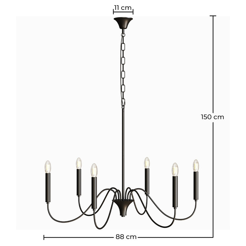 Matte Black Metal Chandelier Style Pendant Lamp – 6 Arms - Lumella