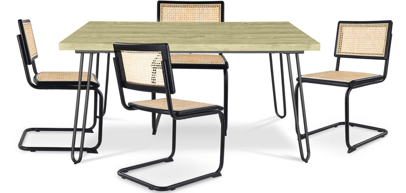 Pack Table à manger design industriel 120cm & 4 Chaises à manger en rotin - Bastral