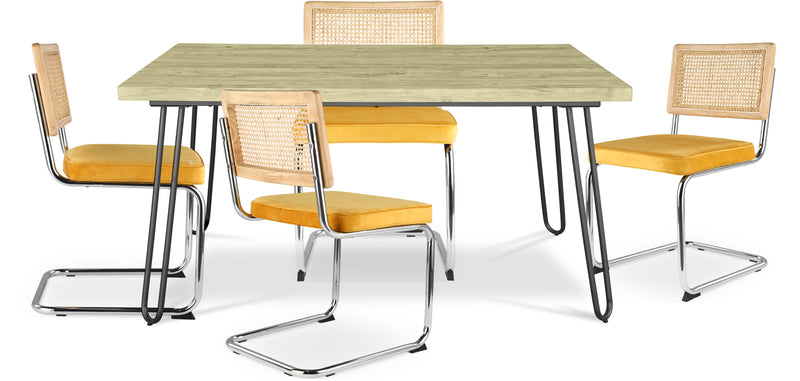 Pack Table à manger design industriel 120cm & 4 chaises à manger en rotin - tapisserie en velours - Martha