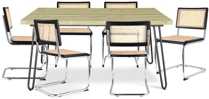Pack Table à manger design industriel 150cm & 6 Chaises à manger en rotin - Bruna