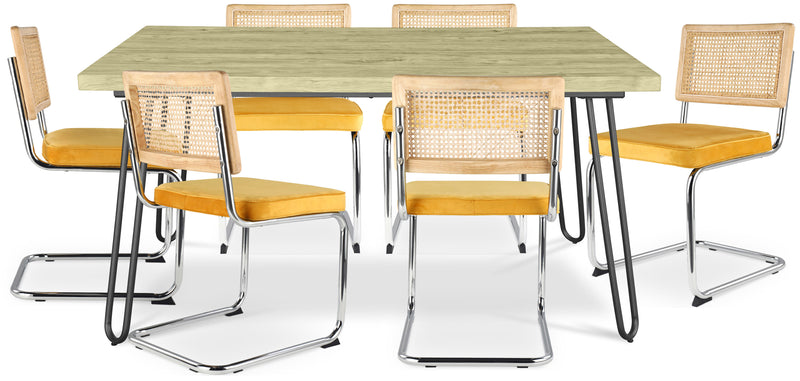 Pack Table à manger design industriel 150cm & 6 Chaises à manger en rotin - Tapisserie en velours - Martha