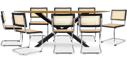 Conjunto de mesa de madeira industrial (220cm) e 8 cadeiras de rattan entrançado - Bruna