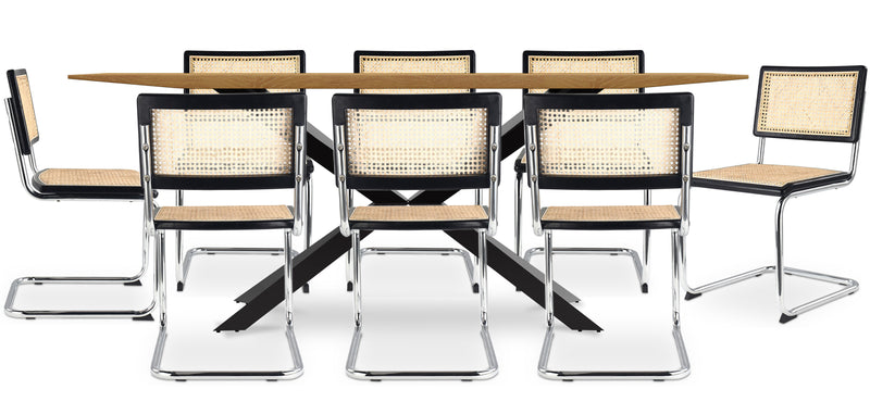 Pack Table à manger design en bois (220cm) & 8 chaises de salle à manger en rotin - Bruna