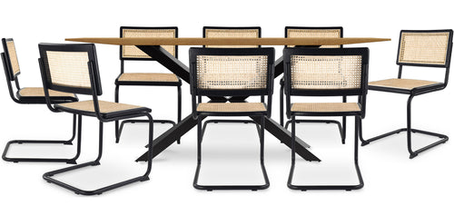 Conjunto de mesa de madeira industrial (220cm) e 8 cadeiras de rattan entrançado e madeira preta - Bastral